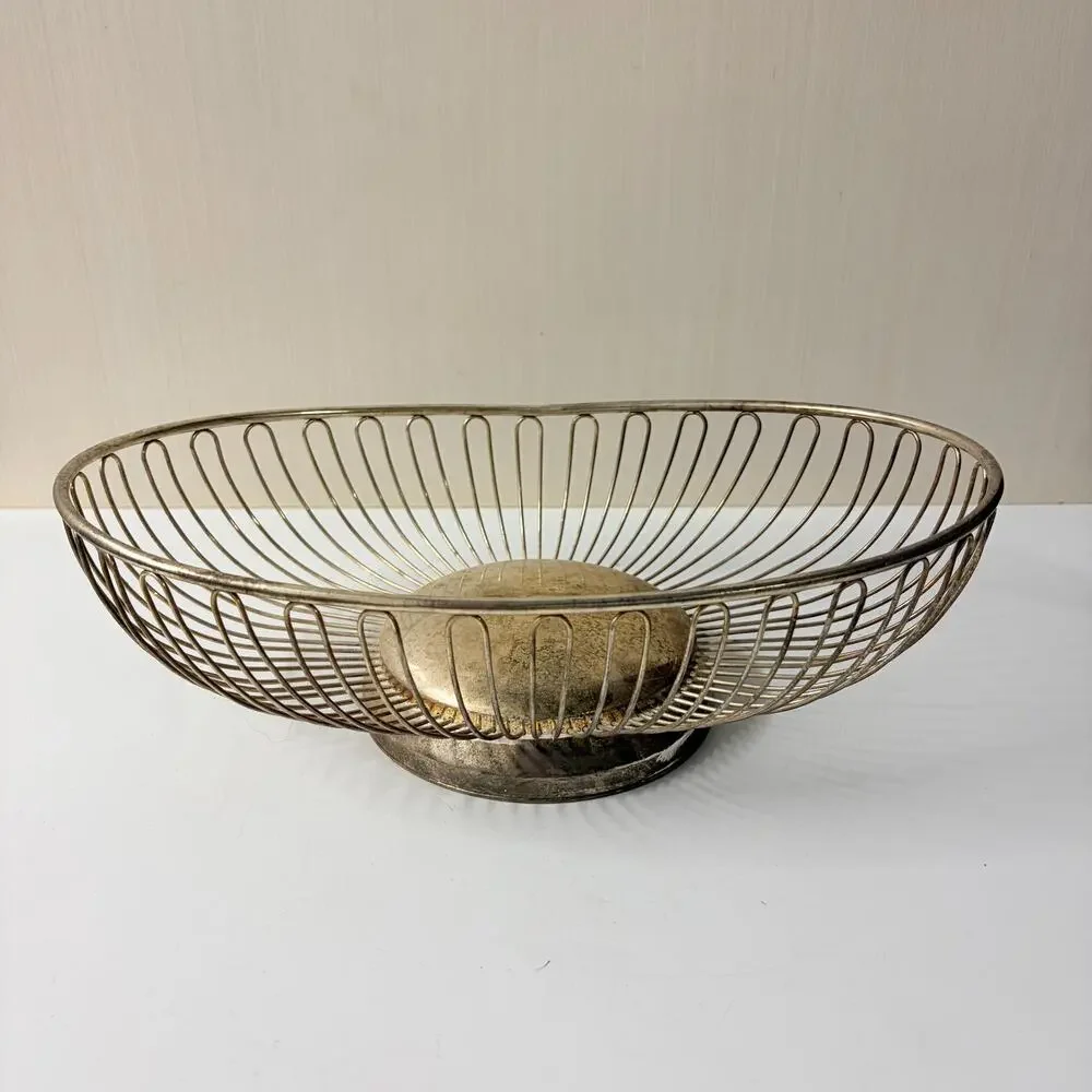 Vintage Metal Wire Basket Bowl Oval Shaped Silver Toned